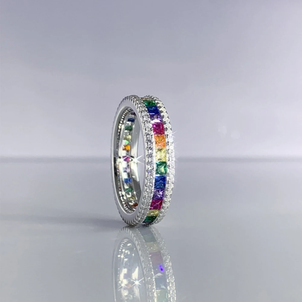 WPB S925 Sterling Silver Rings Rainbow Ring Color Women Luxury Jewelry Personalized Bright Zircon Design Girl Gift Party