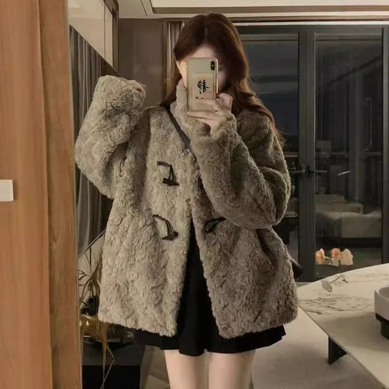 New Lamb Fur Wool Coat Women Winter Clothes Stand up Collar Mid Length Outerwear Winter Thickened Warm Korean Imitation Fur Coat