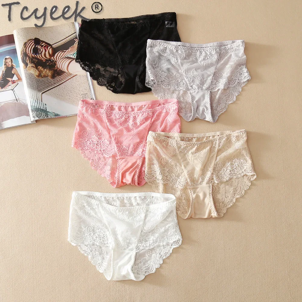 

Tcyeek Sexy Mulberry Silk Panties Women Underpants Lace Solid Briefs High Quality Comfortable Women's Briefs Женские Трусики