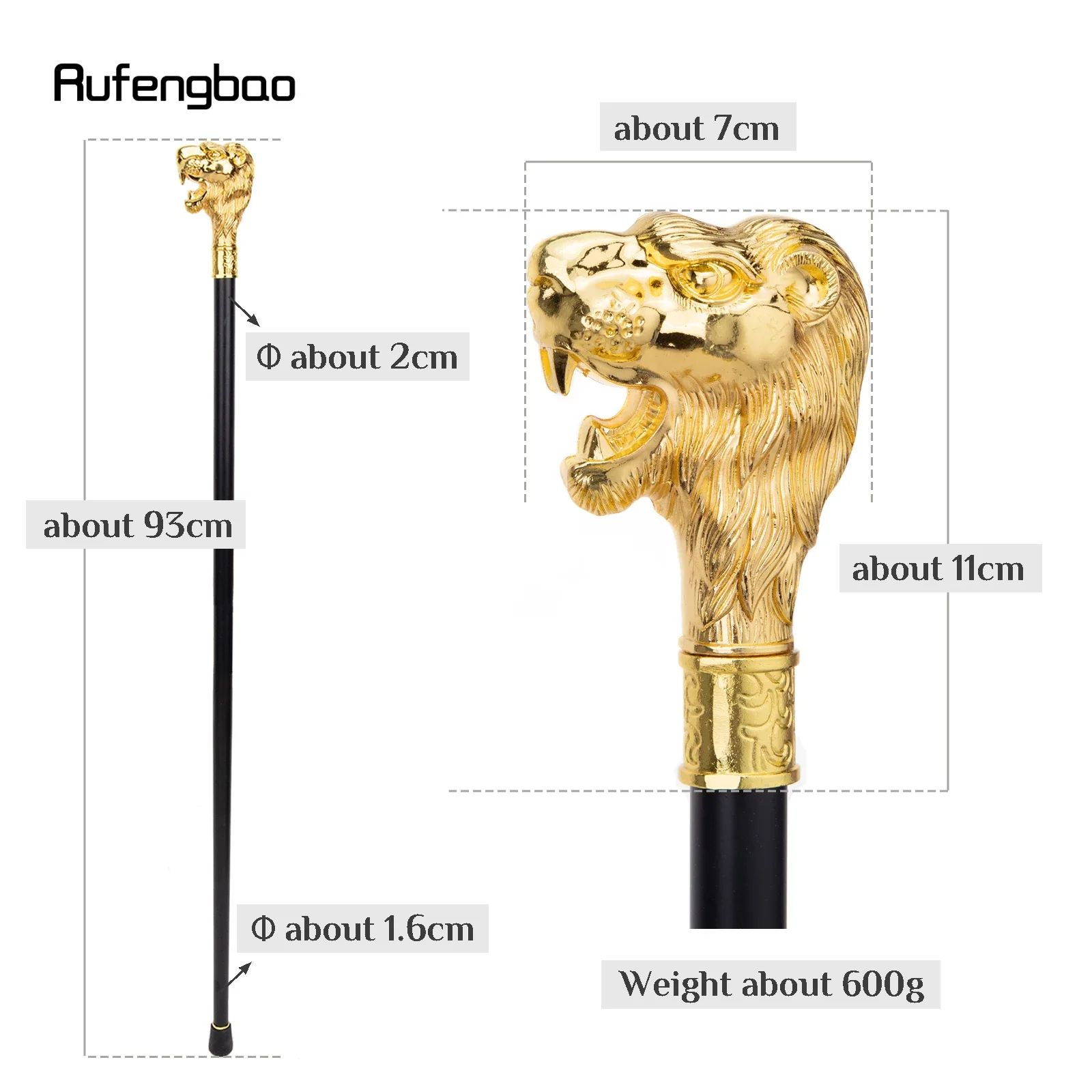 Gold Lion Head with Mustache Single Joint Fashion Walking Stick Decorative Vampire Cospaly Walking Cane Halloween Crosier 93cm