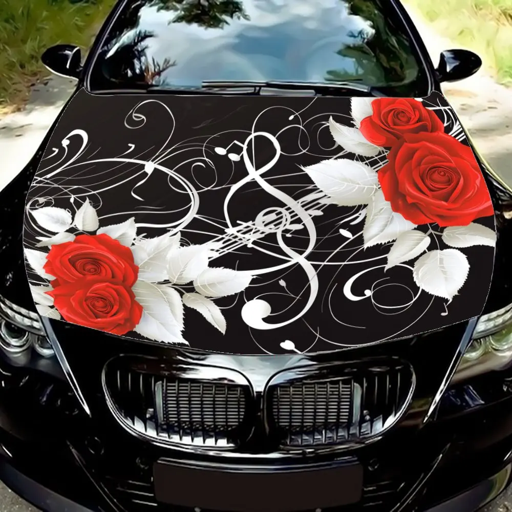 

Car vinyl wraps with a pattern of delicate red roses entwined with notes, car engine hood graphic vinyl decals, to make your car