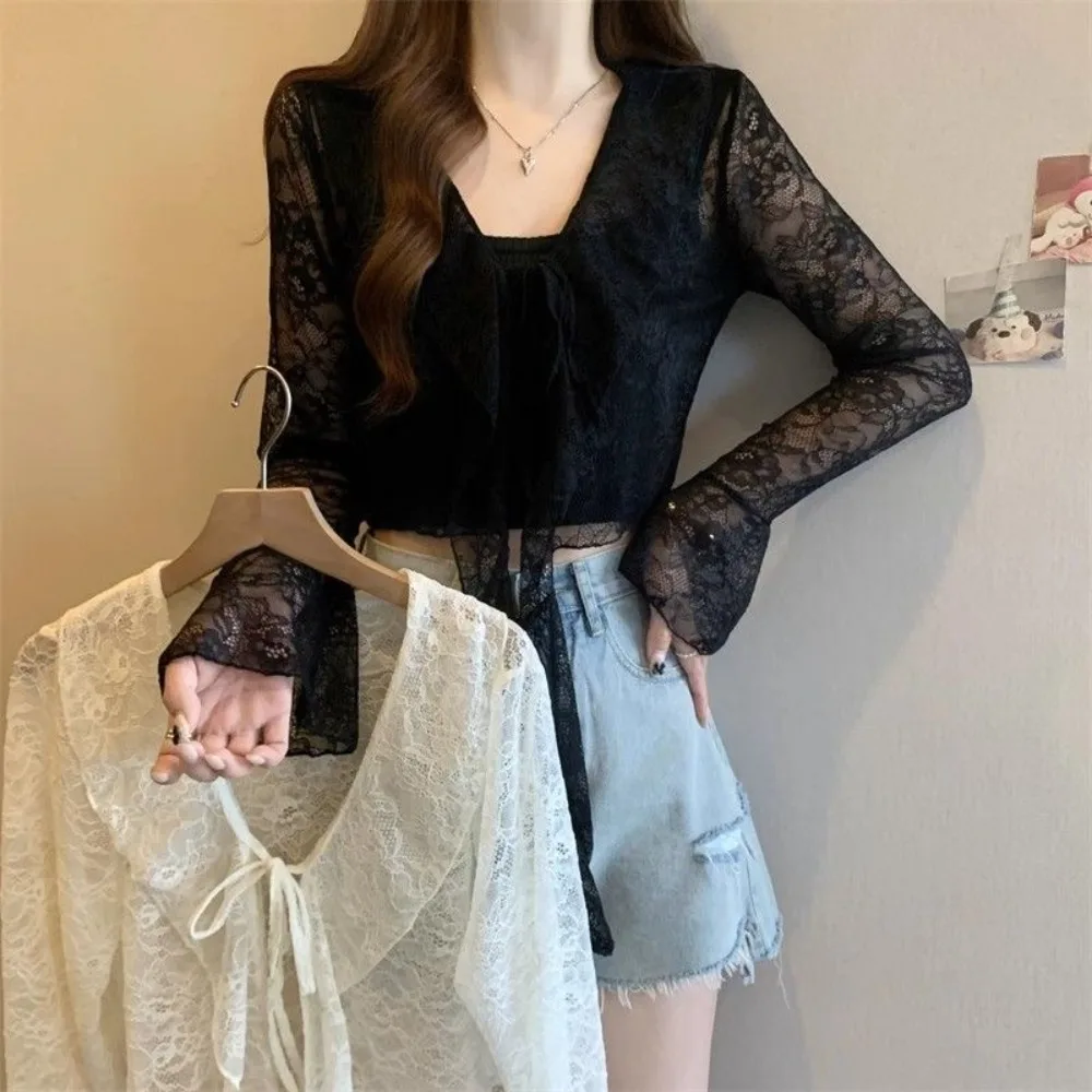 Summer Sweet Women Sun Protection Blouse Fashionable Bell Sleeve Lace Sheer Cardigan Tops Korean Elegant Ruffled V Neck Shirt