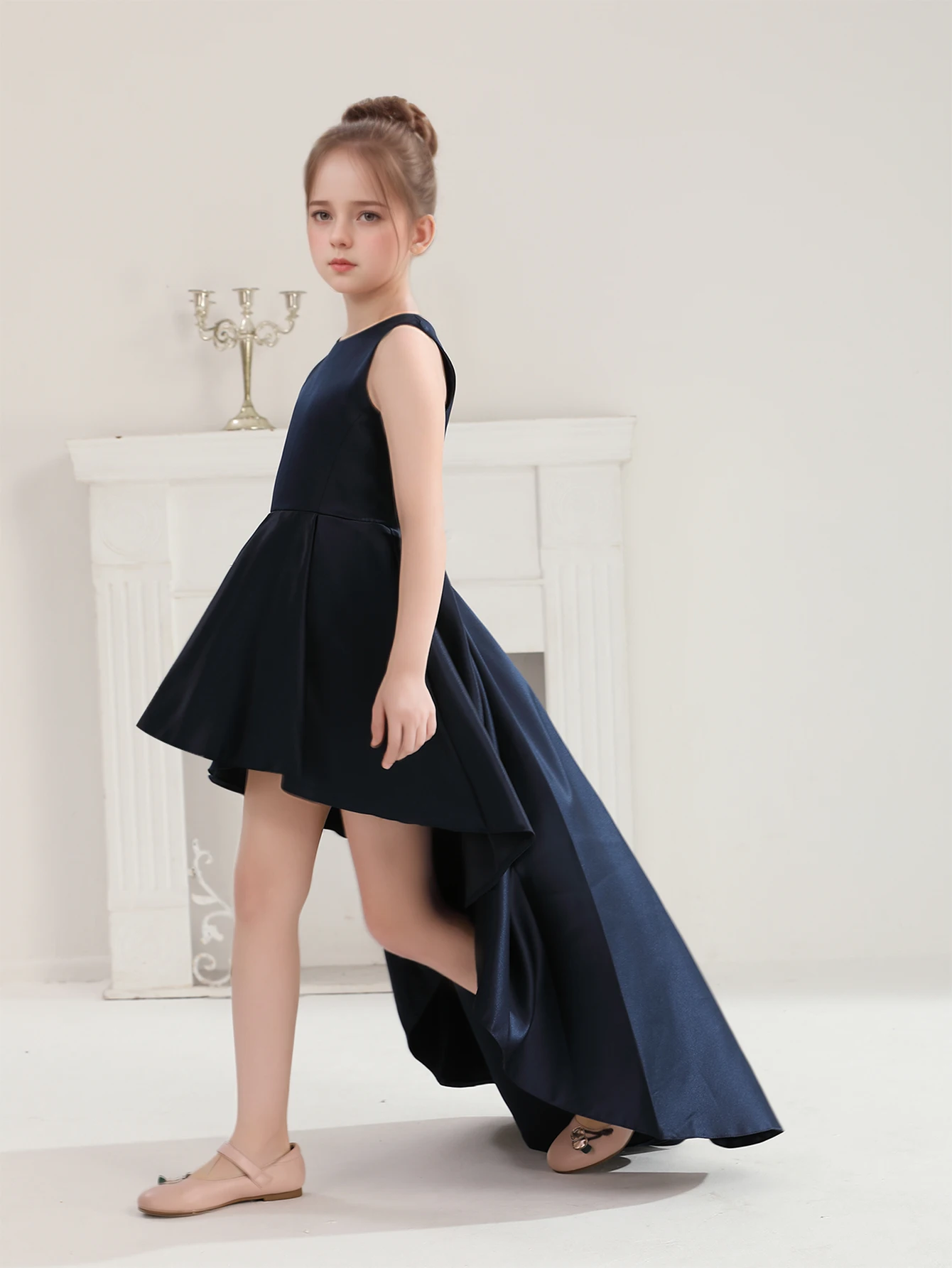 Teen Girls Tuxedo Dress Wedding Party Royal blue Short Front Long Back Bridesmaid Dress