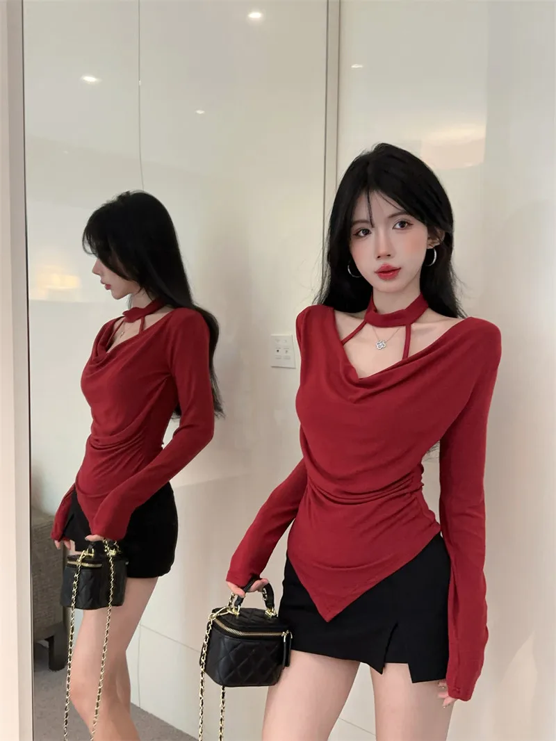 Autumn Hot Girl Sexy Hanging Neck Irregular Swing Collar Long Sleeve T-shirt Women