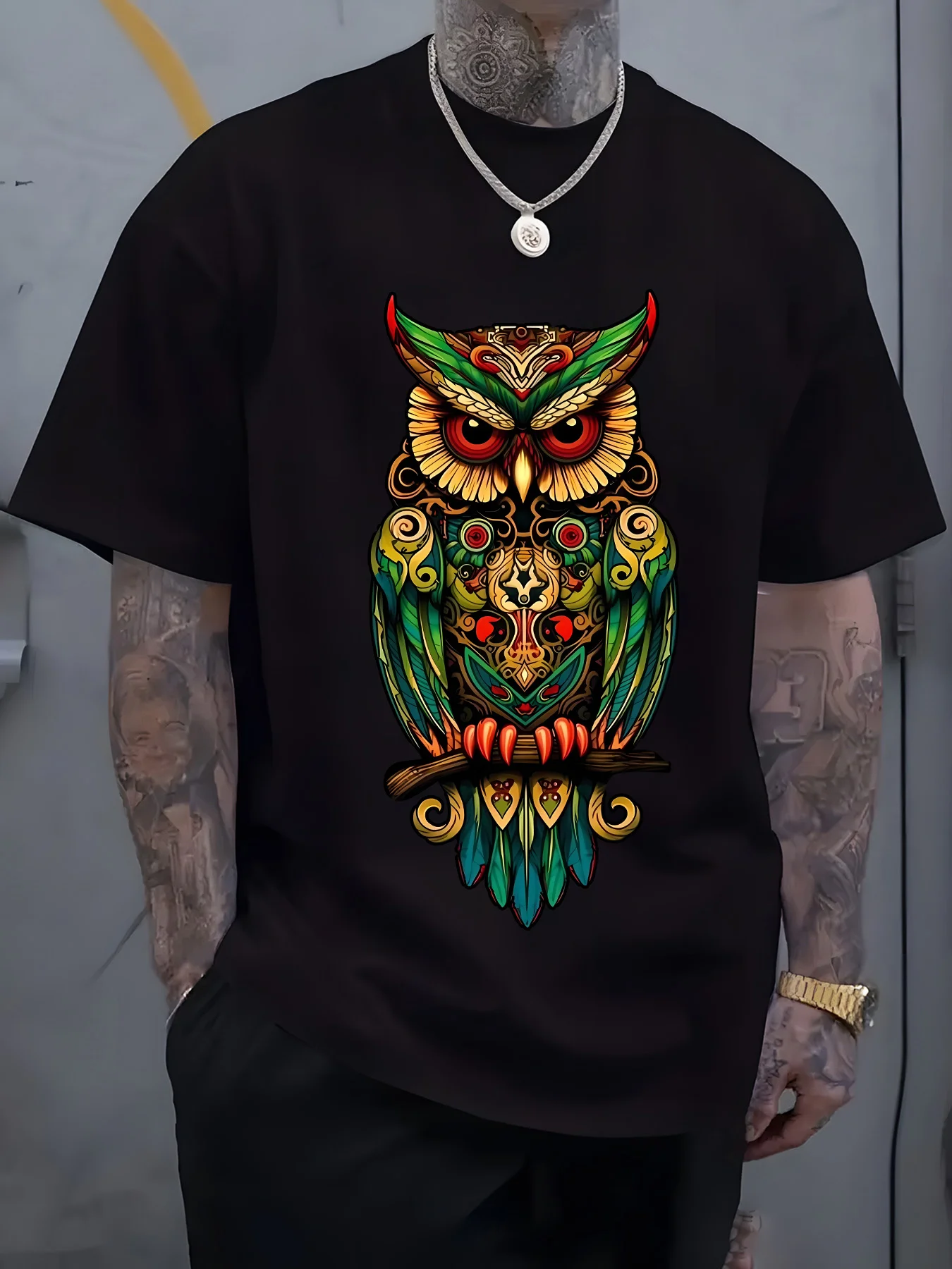 Men'S Bohemian Tribal Owl Print T-Shirt-Soft Breathable Blend Loose Fit Short Sleeve Crew Neck Tee with Design Streetwear