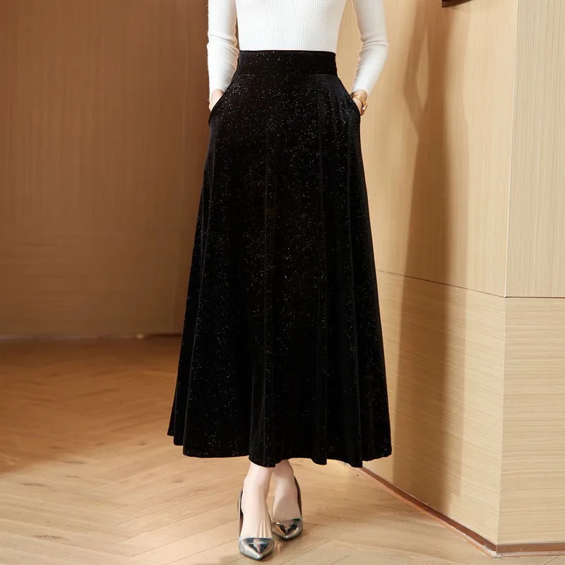Women Autumn Winter Velvet Long Skirt High Waist Glitter A Line Swing Skirt Fleece Lined Midi Skirt With Pockets