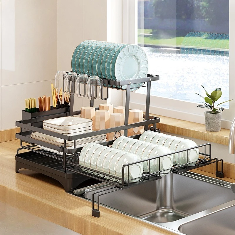 Kitchen Storage Rack, Foldable and Pull-out Cutlery Storage Platform, Double-layer Drain Basket, Bowl and Plate Storage Rack