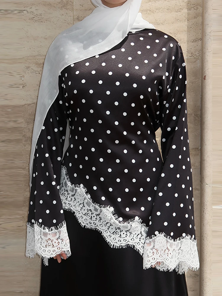 Damenoberteile mit Polka-Dot-Muster, Spitzen-Patchwork, Schnürung am Rücken, unregelmäßiger Saum, modisches Oberteil für Bürodamen, O-Ausschnitt, ausgestellte lange Ärmel, schmal geschnitten, Partykleidung – Detail 7