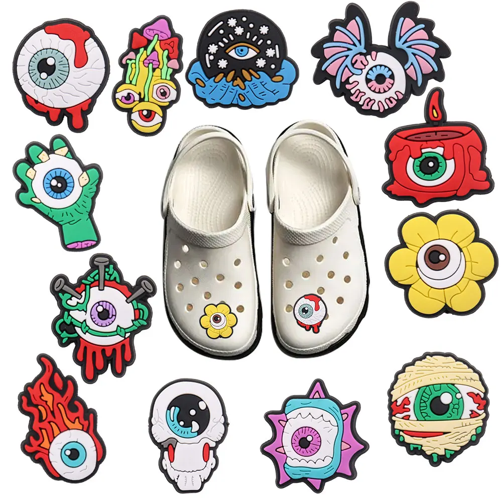 Mix 50pcs PVC Shoe Charms Horrible Eye Flower Candle Mushroom Fire Hand Hole Slipper Decoration Accessories Fit Wristbands