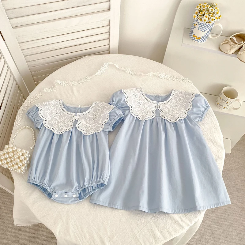 

New Sister Matching Outfit Princess Dress Toddler Baby Girls Petal Collar Dresses Summer Girl Baby Romper Blue Princess Romper