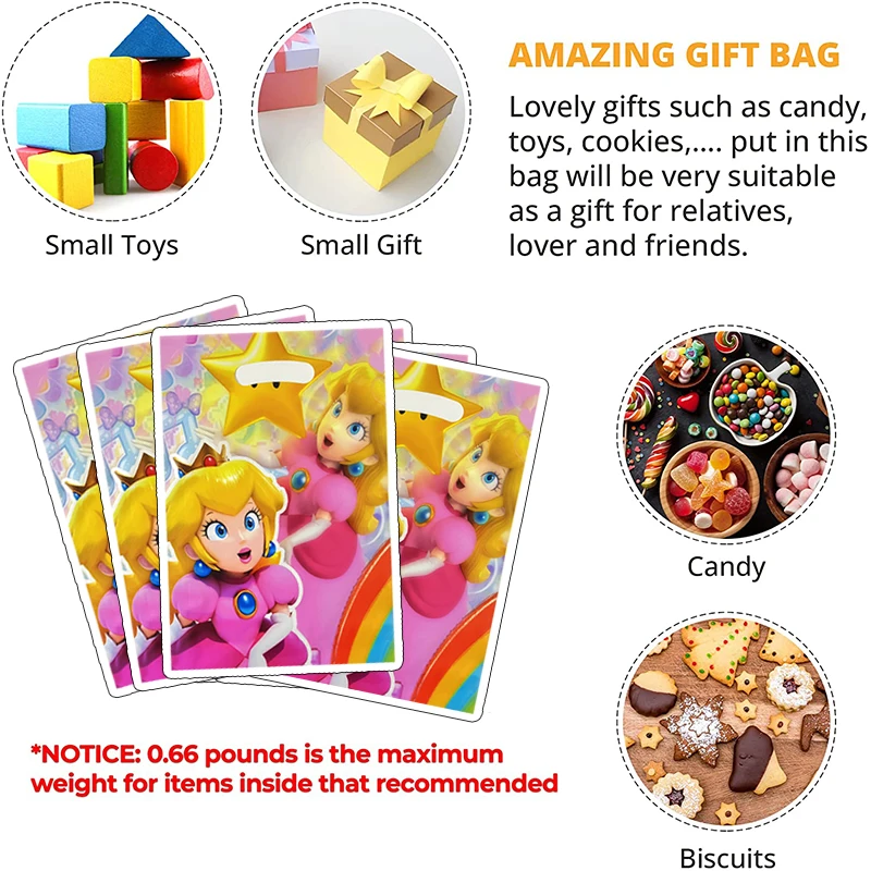 Super Mario Bros Peach Gift Bag para Crianças, Loot Bag, Festa de Aniversário, Decorações Rosa, Favores de Festa, 10Pcs, 16.5x25cm