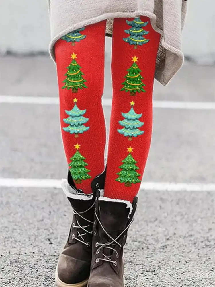 クリスマスツリープリント女性用レギンス春と秋原宿Y2Kスタイルロールプレイングソックスカジュアル女性レギンス