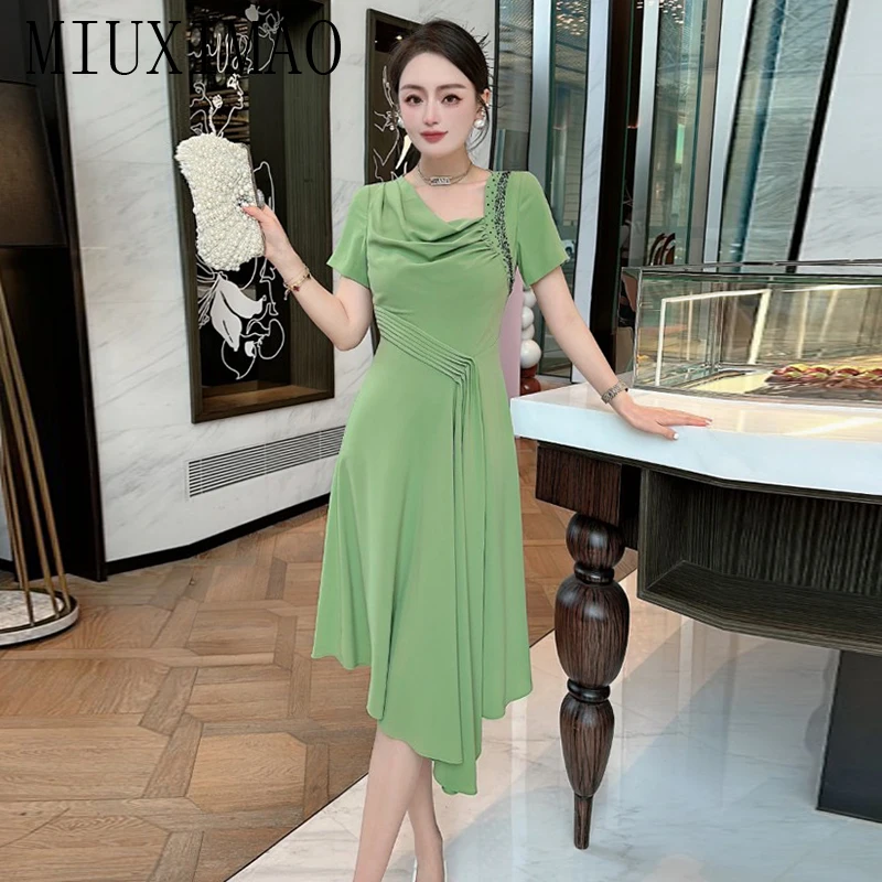 

MIUXIMAO 2023 Office Lady Spring&Summer Elegant Dress Short Sleeve Fold Solid Irregular Fashion Long Dress Women Vestide