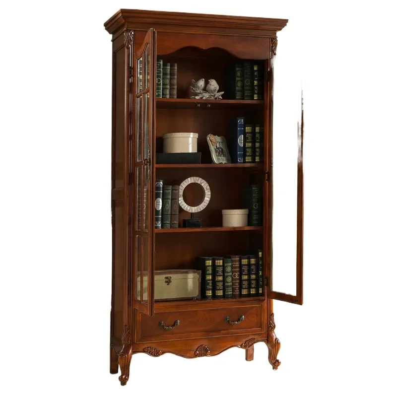 American light luxury solid wood glass door bookcase, multi-layer floor-to-ceiling storage  study simple furniture