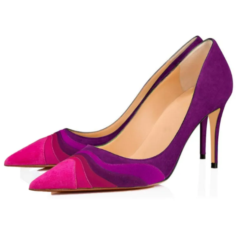 

DIZHUANG Модные женские туфли на высоком каблуке, разноцветные замшевые туфли в стиле пэчворк, высота каблука около 8-10 см, туфли с острым носком