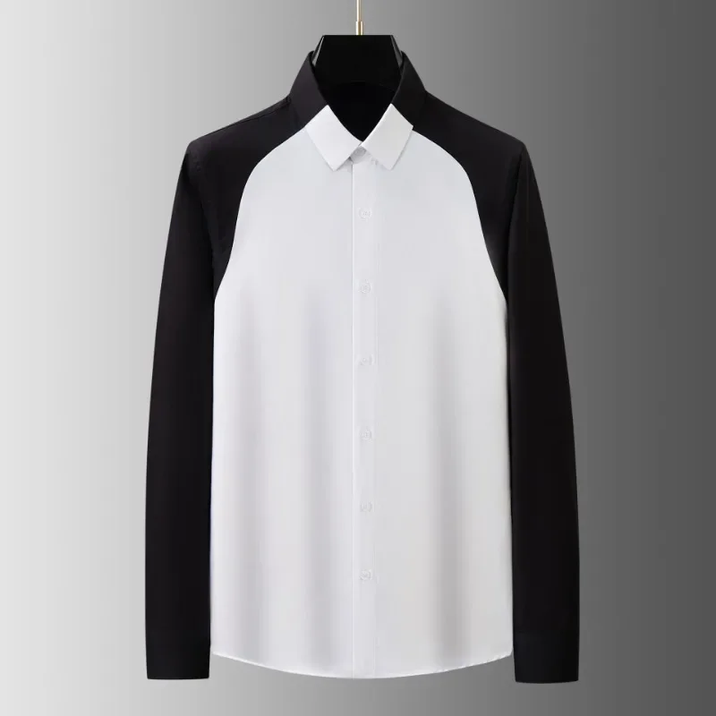 Black and white splicing men's long sleeved shirt, handsome and versatile, fashionable and slim fitting shirt