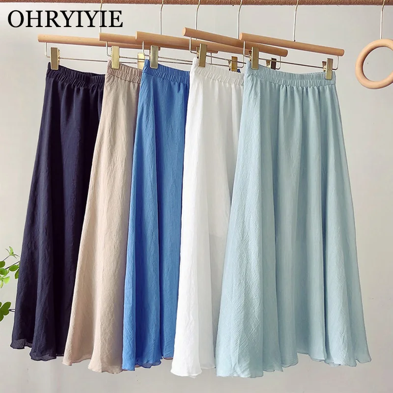 

OHRYIYIE Cotton Linen Skirt Women Summer Vintage Midi Long Pleated Skirt Female Elastic High Waist Solid Color Skirt