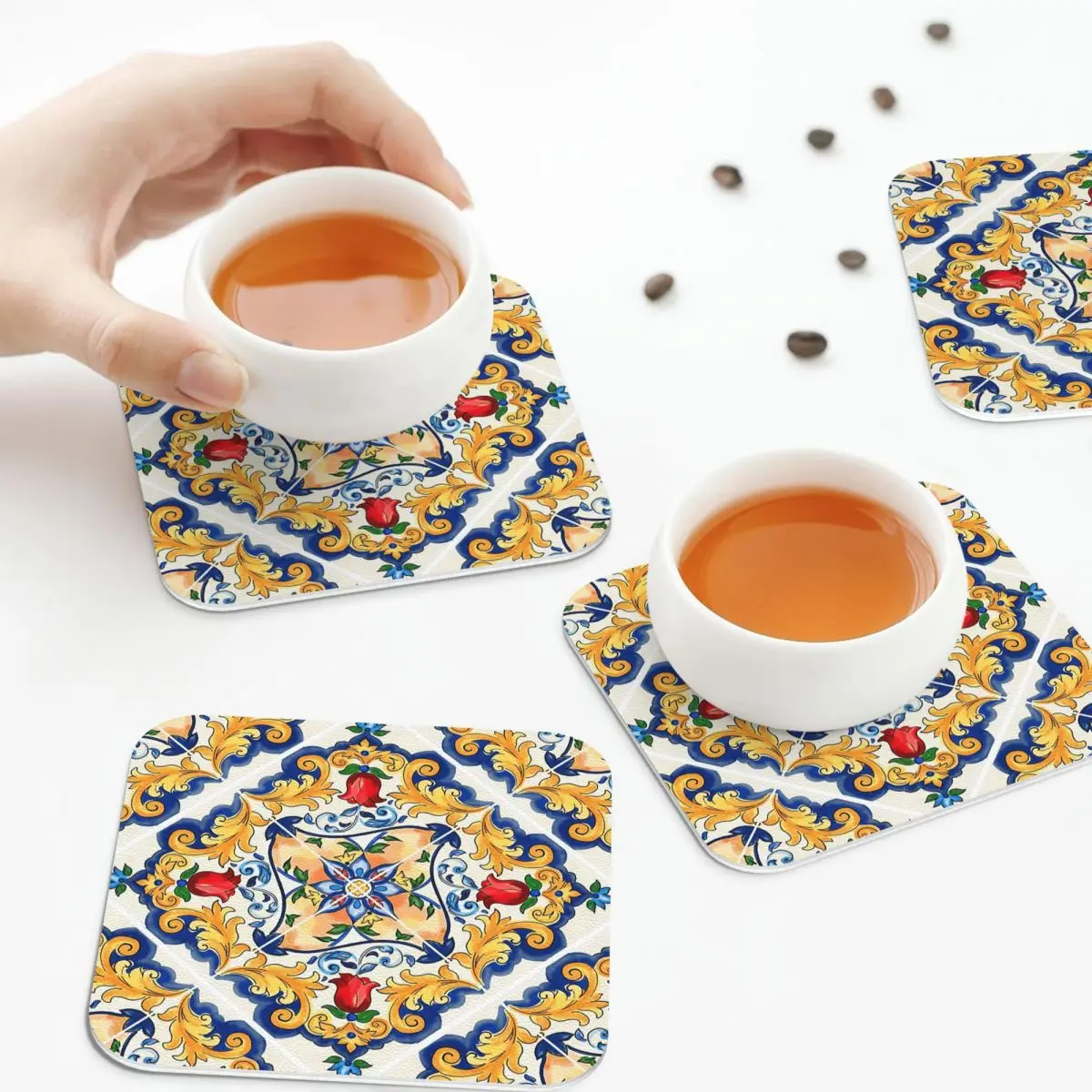 

Sicilian Majolica Colourful Floral Flourishes Tile Pattern Coasters Kitchen Insulation Cup Coffee Mats Tableware Pads Set of 4