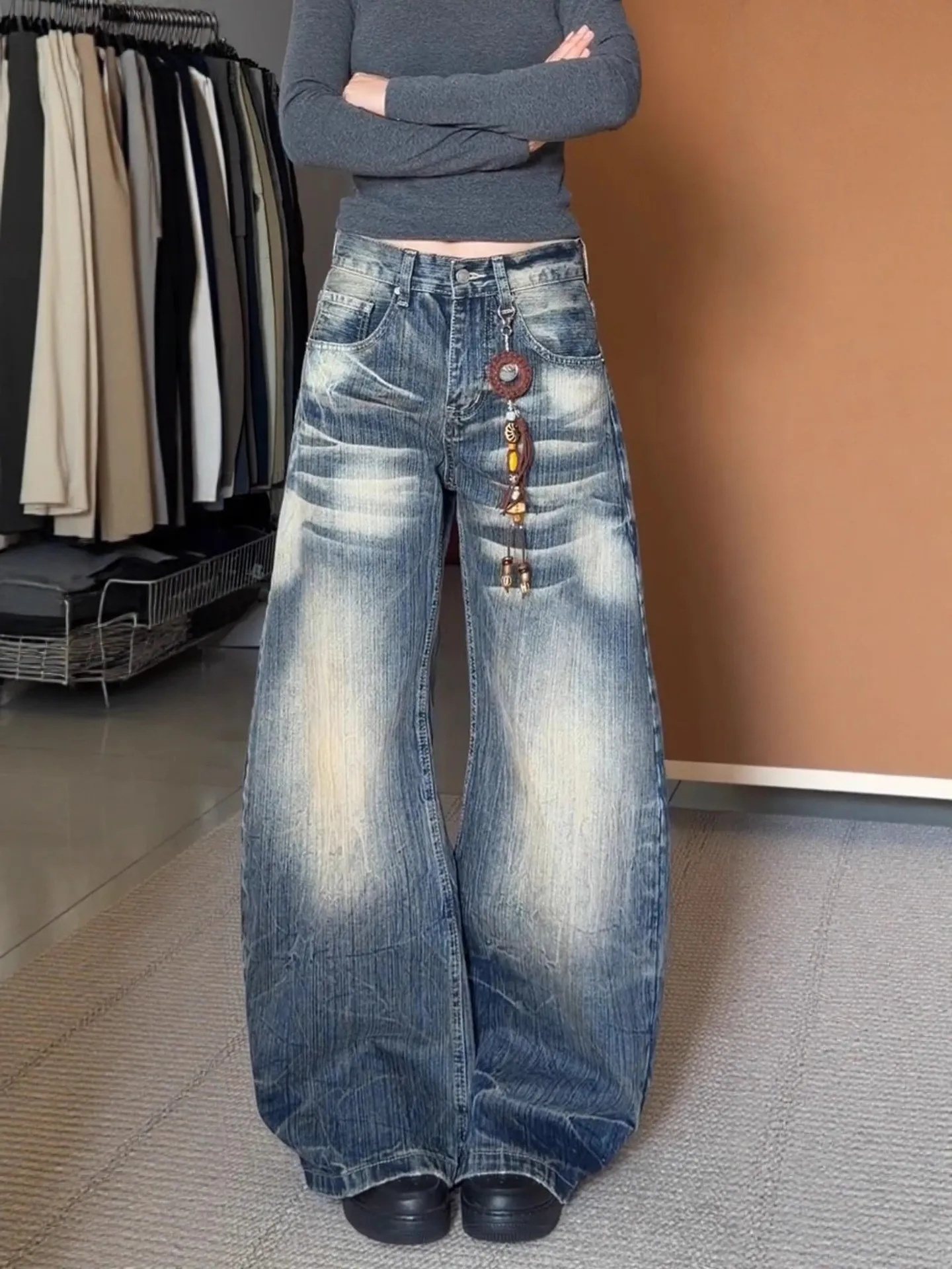 

Широкие джинсы в американском ретро-стиле большого размера для женщин, свободные, модные, брендовые, с эффектом потертости, длиной в пол, с высокой талией, из денима