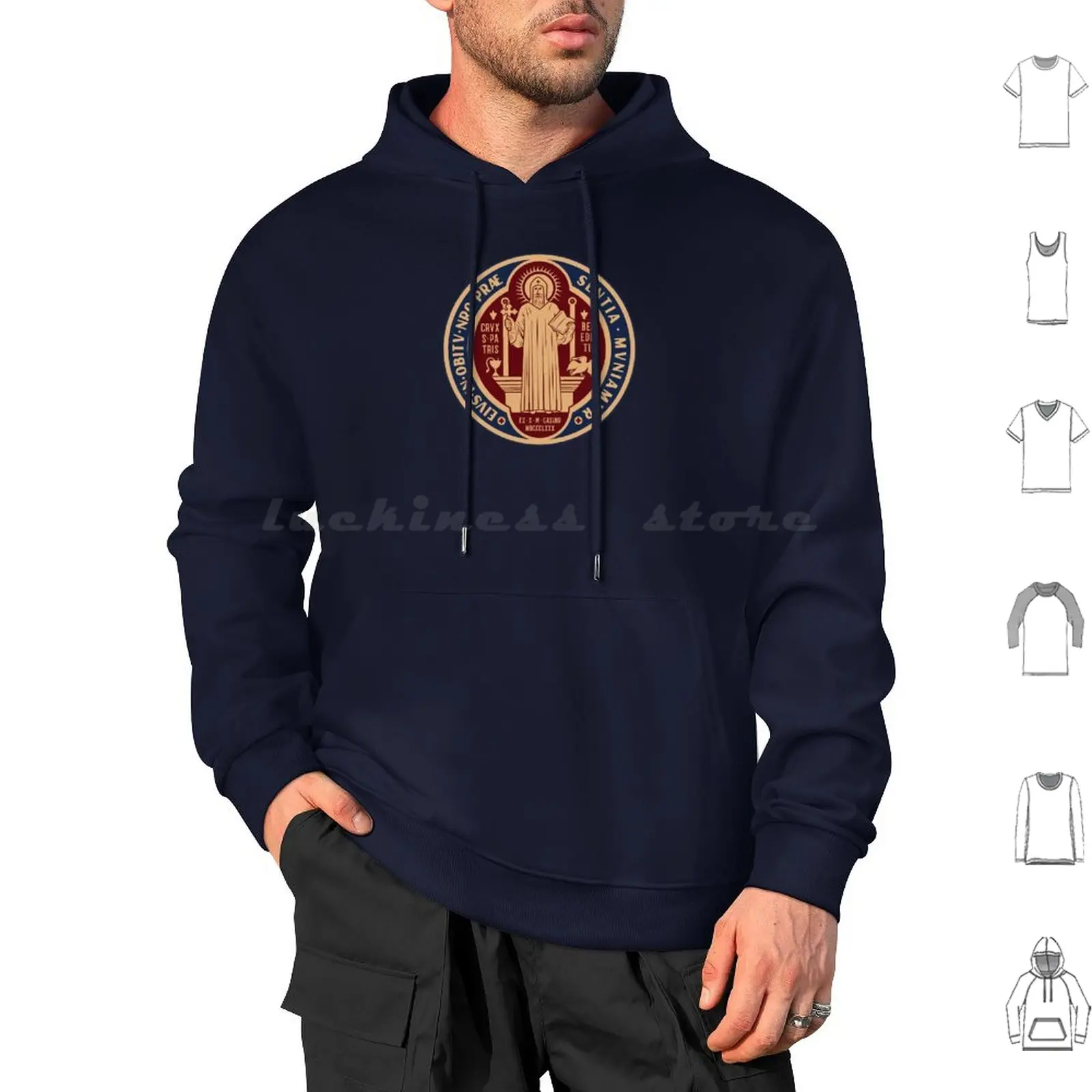 Saint Benedict Medal Front Hoodies Long Sleeve Catholic Christian St Benedict Saint Benedict Benedict Church Angel