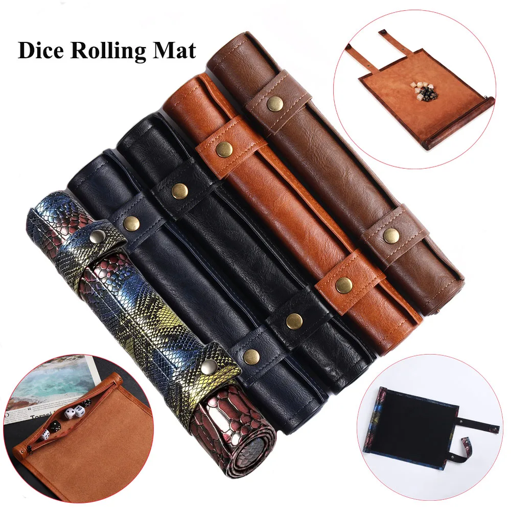 Folding Dice Mat Tray Rolling Mat with Zipper PU Leather Scroll Dice Bag Polyhedral Dice Holder Pouch DND RPG Dice Storage Bag