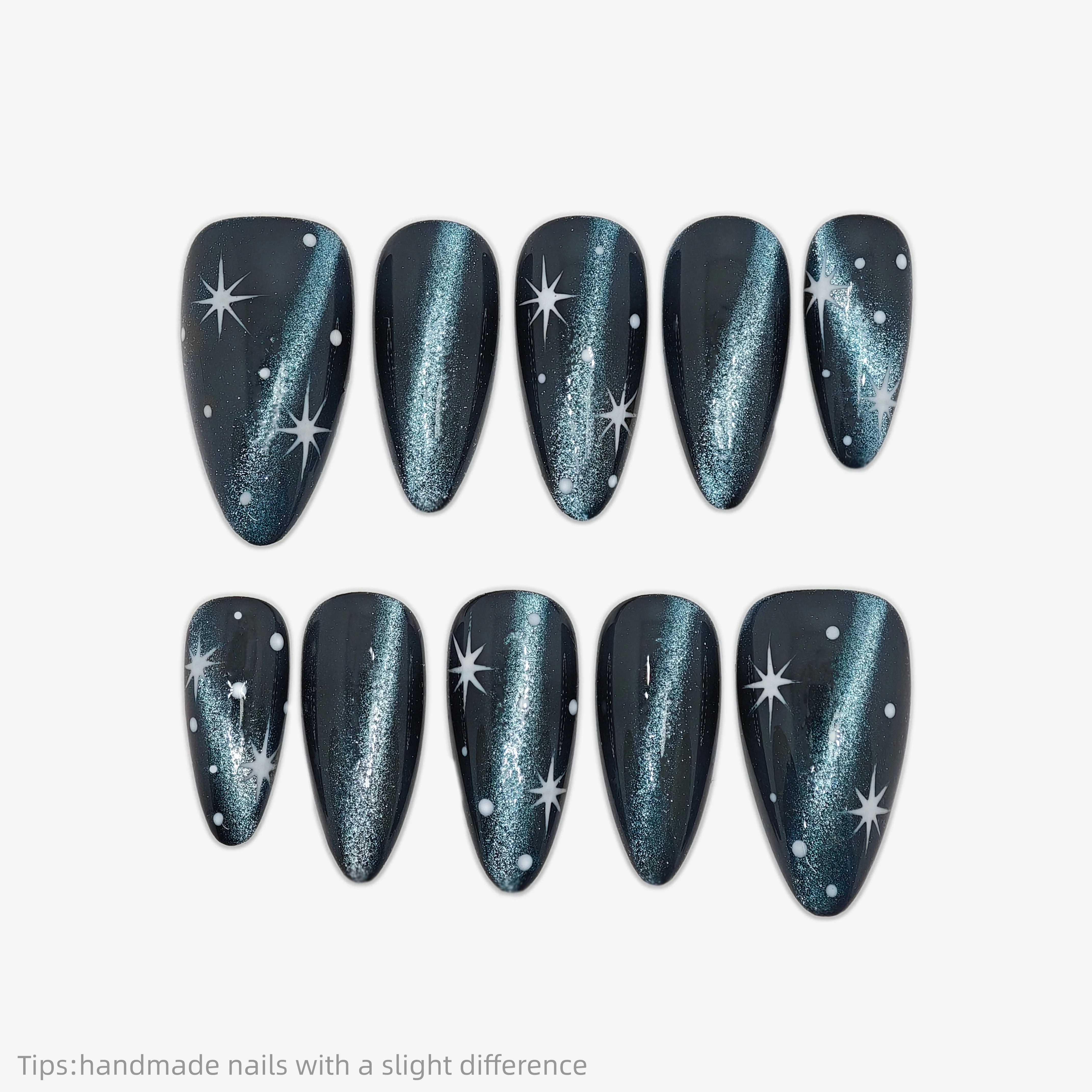 10pcs Handmade Dark Blue Star Glitter Cat eye Press on Nails Almond Long Wearable Reusable INS Fashion False Nails 2026