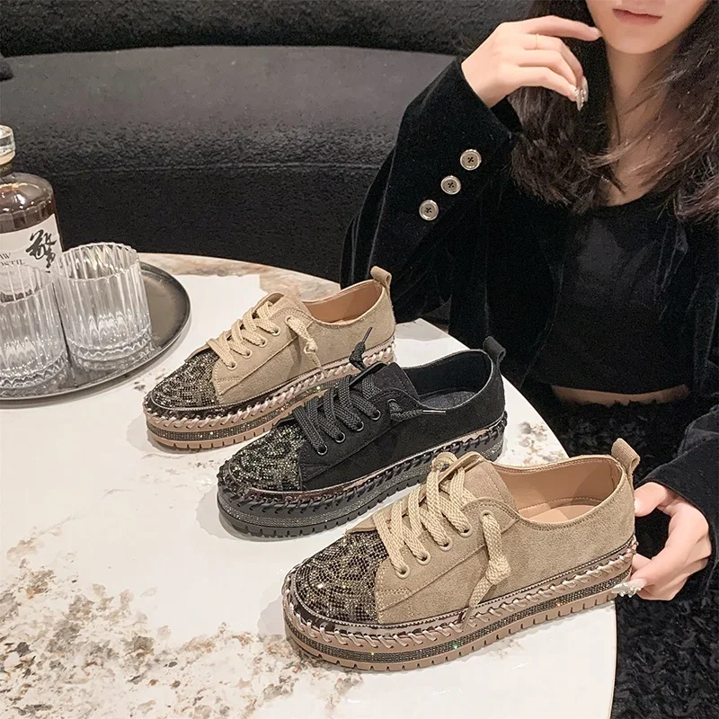 Crystal Luxury Flats Platform Shoes Women Sneaker Designer 2025 Autumn Suede Loafers Lace Up Trend Leopard Canvas Zapatos Mujer
