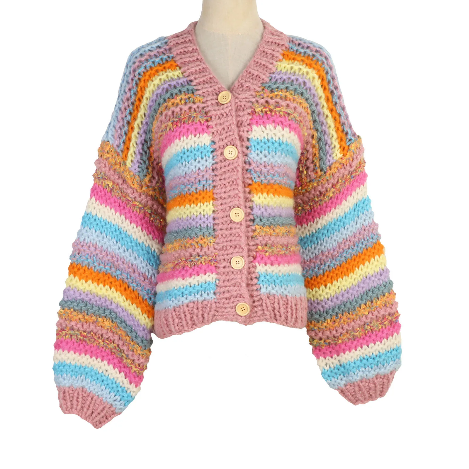 

Long-sleeved Sweater V-neck Rainbow Stripes All-match Autumn Winter New Women's Sweater Knitted Cardigan