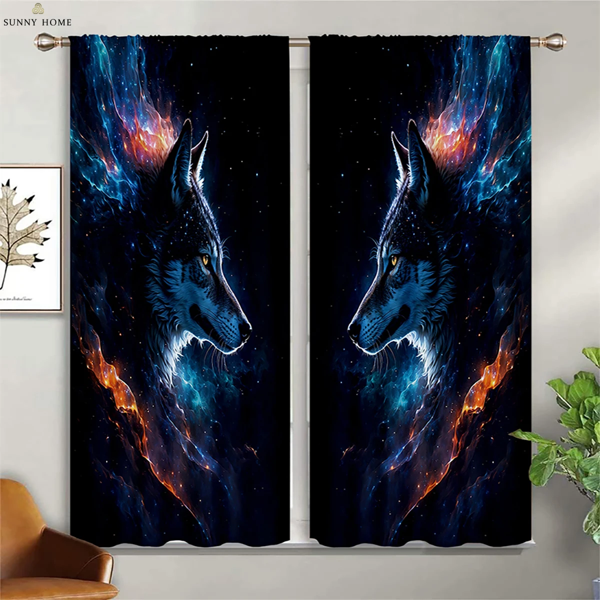 Blackout Heat Insulation Curtains Dream Starry Sky Wolf Print Curtains Children's Room Living Room Outdoor Decorative Curtains