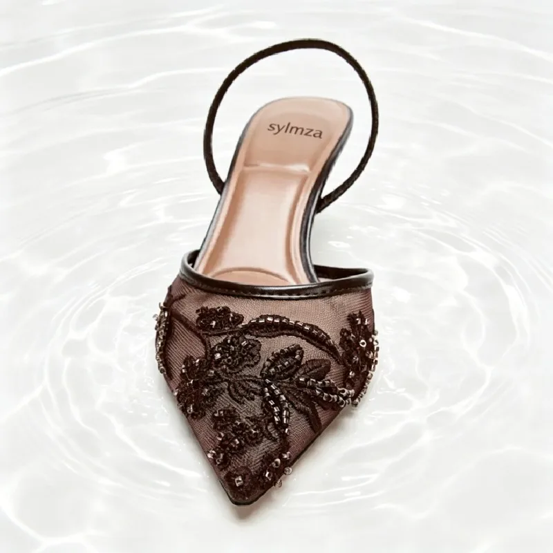 Elegant Mesh Embroidery High Heels for Women Sexy Pointed Toe String Bead Slingback Heeled Sandals Luxury Banquet Designer Shoes view 5