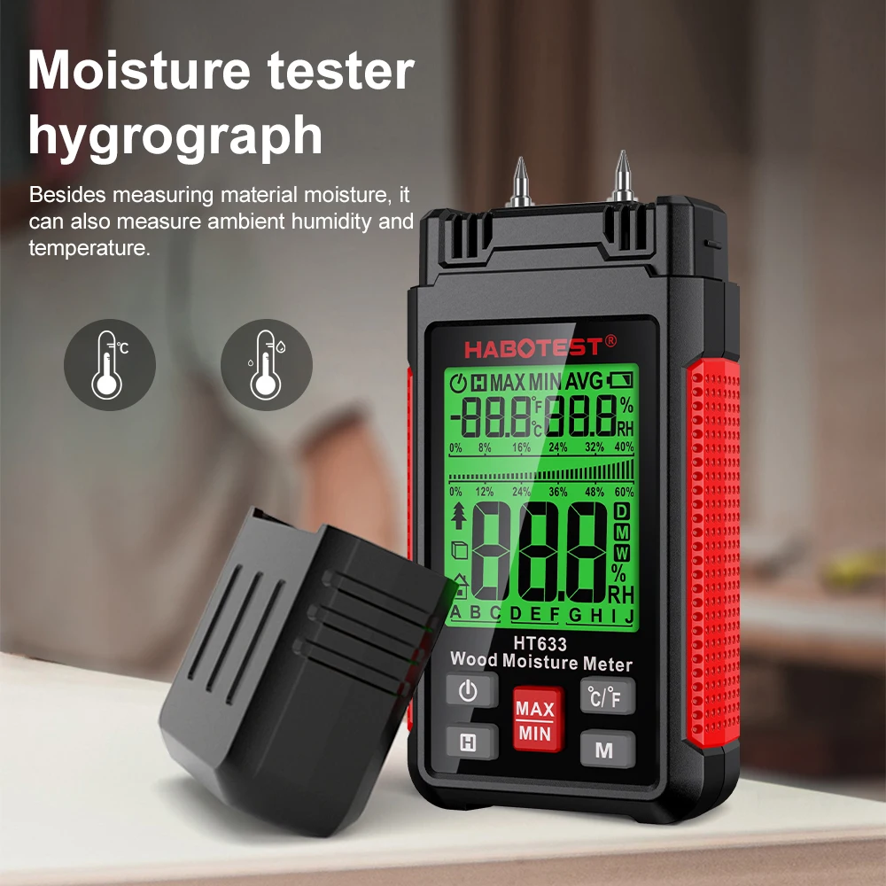 HT633 Digital Wood Moisture Meter Wood Humidity Tester 0~57% Timber Hygrometer Portable Tool LCD Display Timber Damp Detector