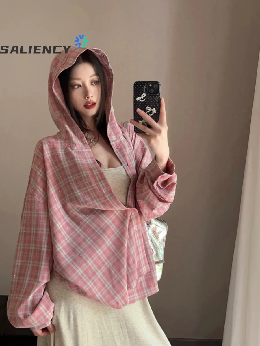 

SALIENCY Y2k Harajuku Vintage Rhinestone Hooded Plaid Shirt Women Spring 2025 Casual Loose Sunscreen Lazy Long-sleeved Blouse