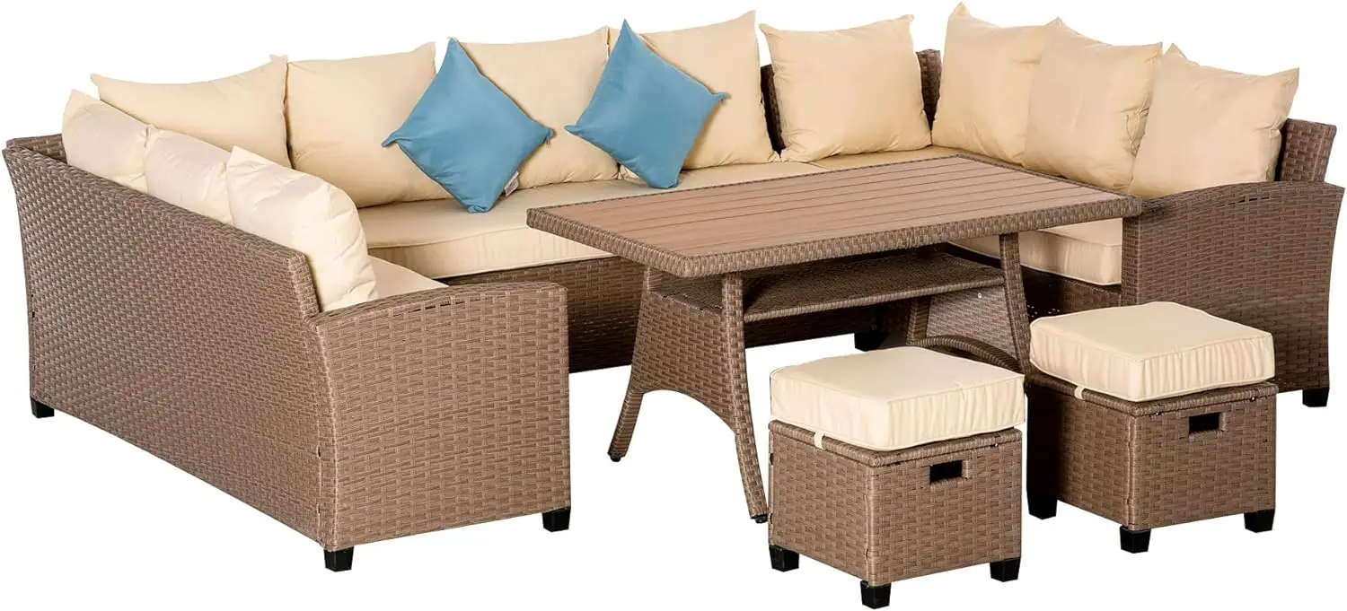 

Patio Furniture Set, 6 Piece PE Wicker Outdoor Furniture, Conversation Set w/ Ottomans, Table&Chairs, All Weather Sectional Sofa