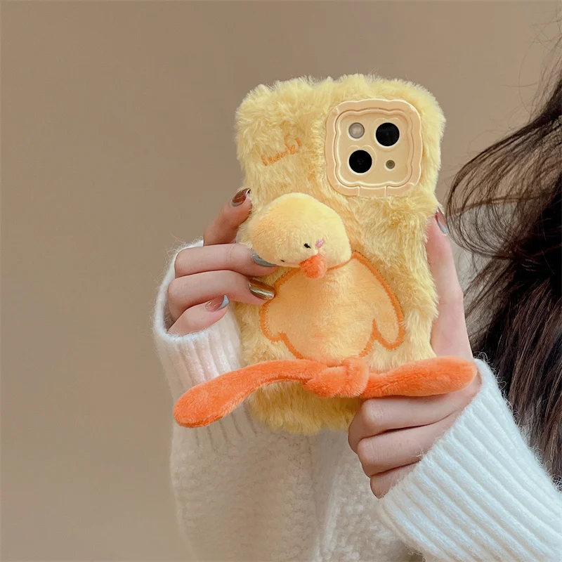 Kawaii 3D Plush Duck Flip Stand Phone Case For iPhone 15 16 14 Plus 11 12 13 Pro Max Cover Cartoon Silicone Case Shockproof Cute