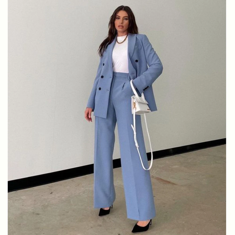 Pretty Blue Suit for Women Double Breasted 2 Piece Jacket Pants Female Clothing Formal Fashion Office Lady Blazer Set Slim Fit