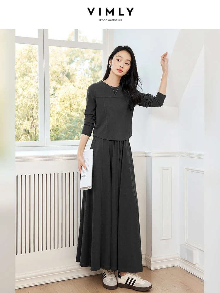 VIMLY Fashion Commuting T-Shirt Tops Elastic Waist Skirts for Women Autumn Simple O-Neck Long Sleeve Casual Work Skirts Set