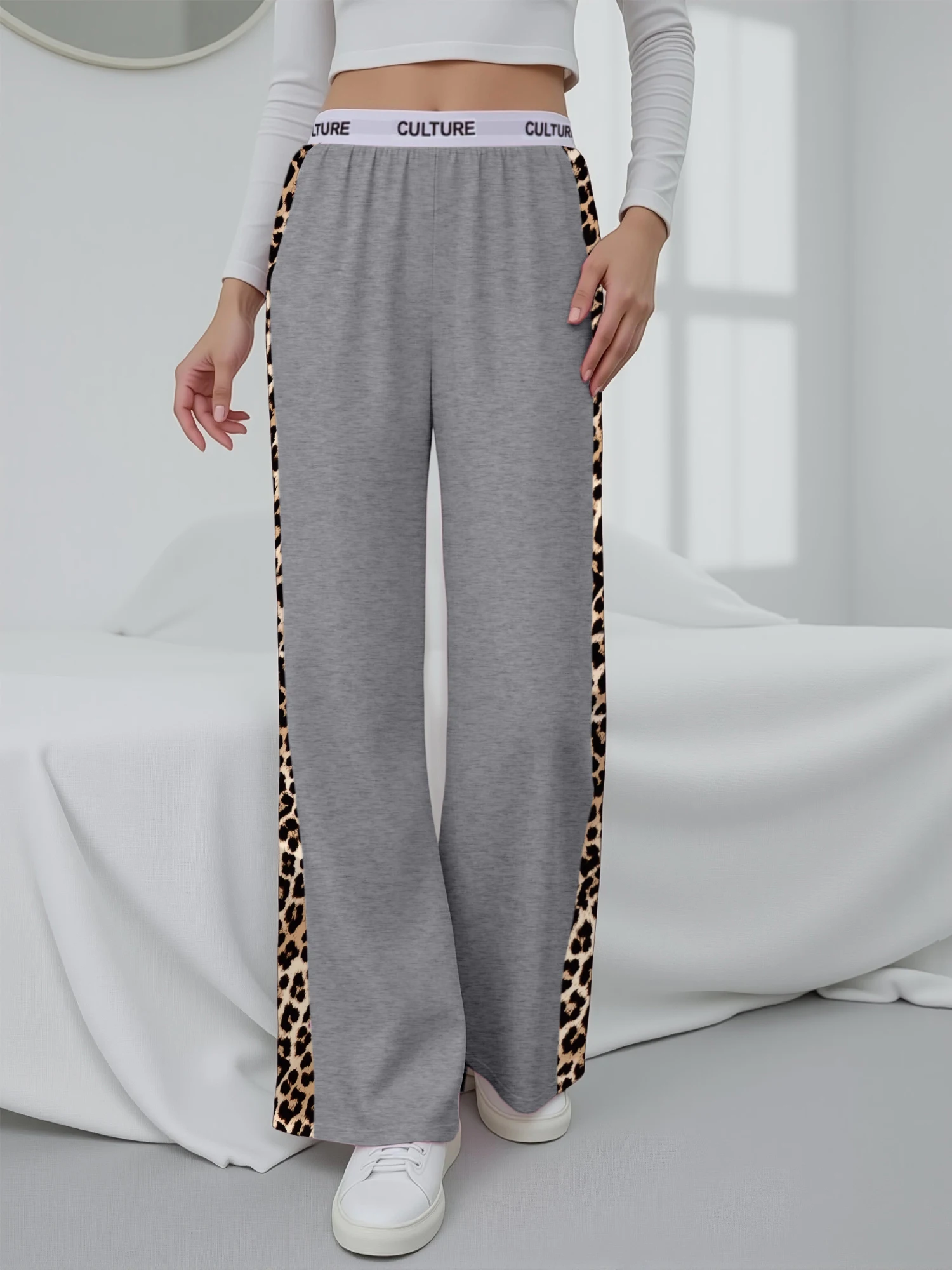 

Повседневные широкие брюки для женщин с леопардовым принтом, эластичным поясом и боковыми вставками, из мягкой ткани для комфорта на весь день