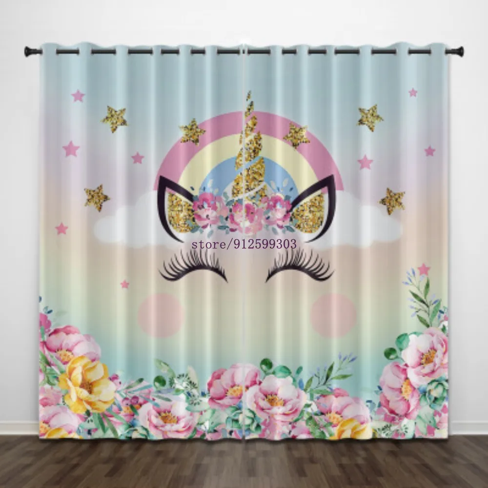 Cartoon Cute Expression Lace Unicorn Digital Printing Curtain Blackout Curtains for Kids Girls Bedroom Tatami Bed Living Room