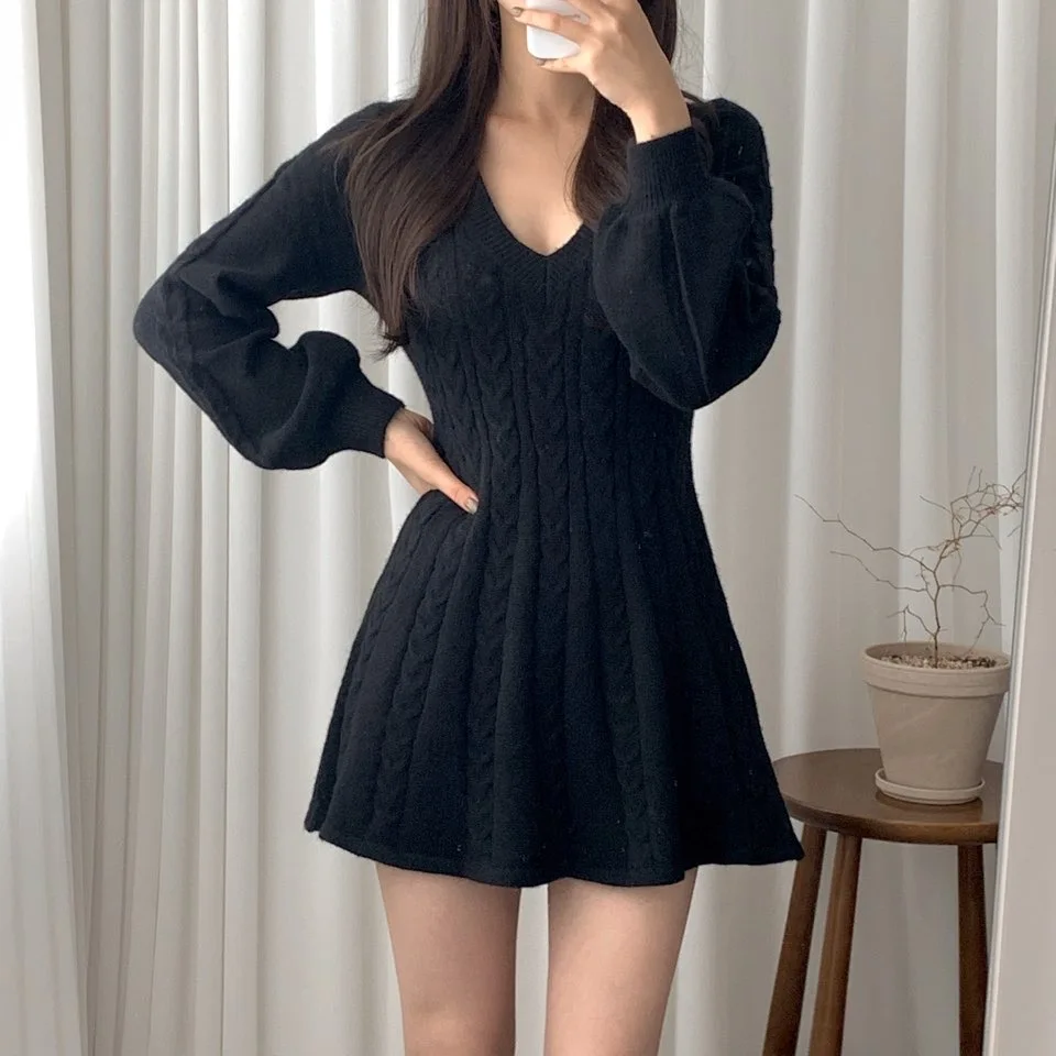 Chic Autumn Winter Vintage Knitted Sweater Dr Women's A-Line Waist-Cinching Lantern Sve V-Ne Casual Sle Polyester F...