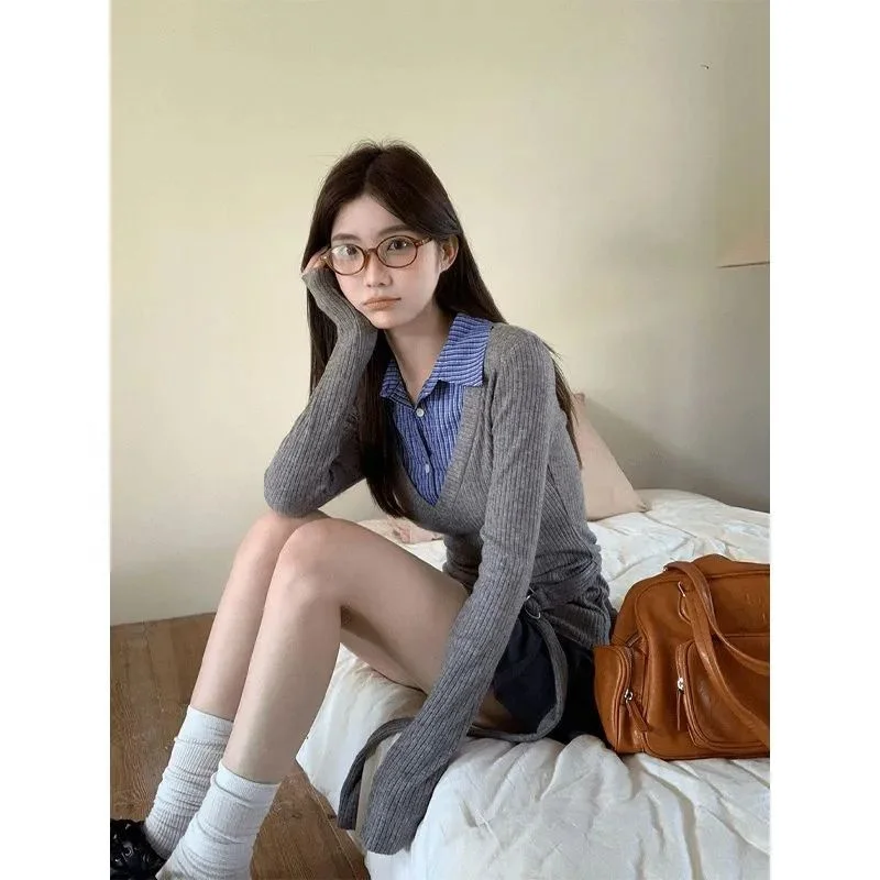

Color Blocking Splicing Fake Two POLO Collar Long Sleeved T-shirt For Women 2025 Autumn New Slim Fit and Slimming Base Shirt Top