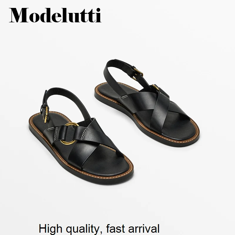 New Spring 2023 Summer Fashion Leather Cross Belt Design Open Toe Sandals Women Simple Casual Flat Shoes Female