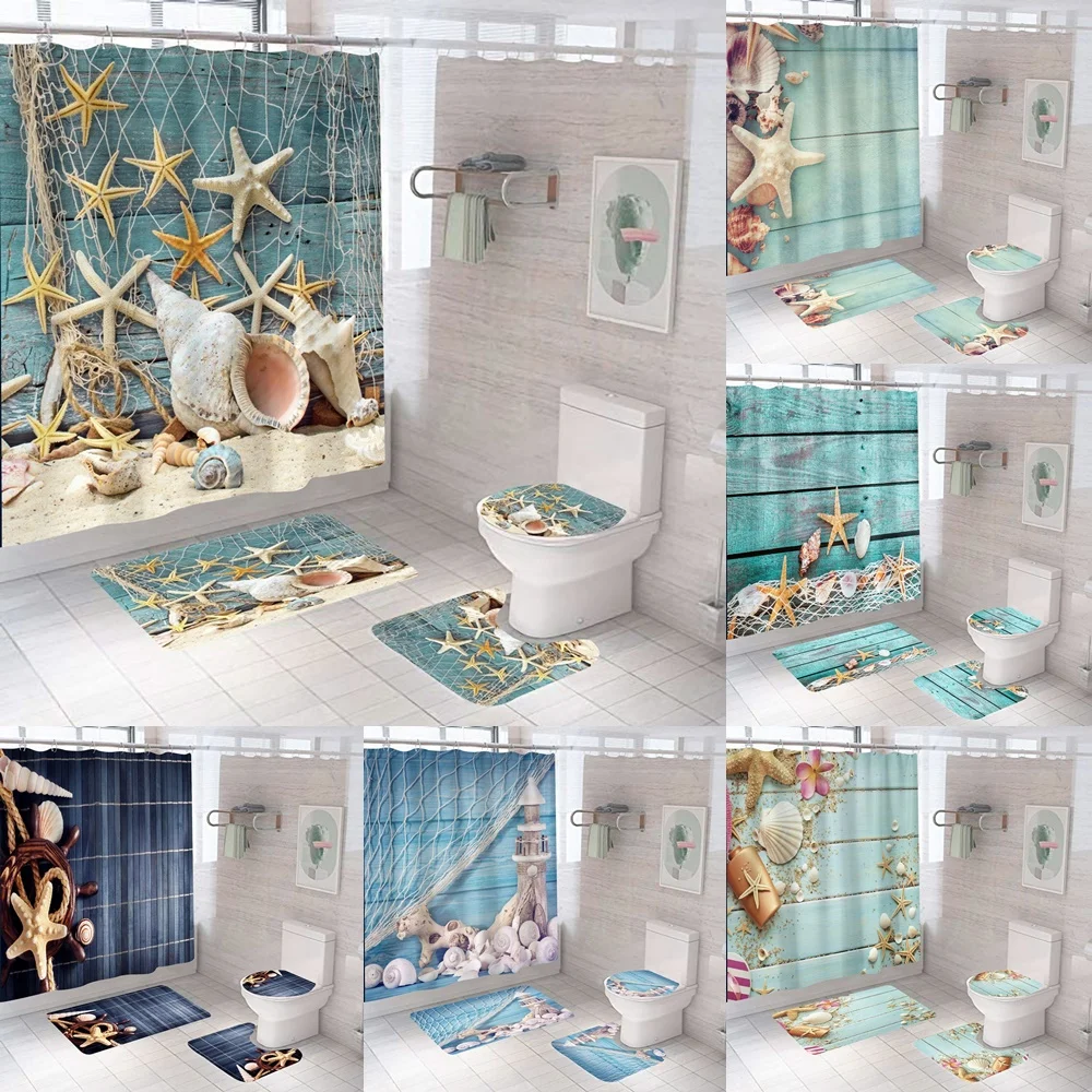 

Beach Shower Curtain Set for Bathroom Decor, Seashell, Starfish, Nautical Fishnet, Vintage Blue Deck, Bath Mats, Toilet Rug