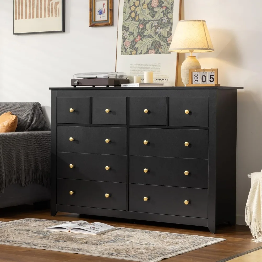 Dresser, 10 Drawer Dresser Black Dresser & Chests for Bedroom with Smooth Metal Rail Wooden Wide Dressers for Bedroom,En