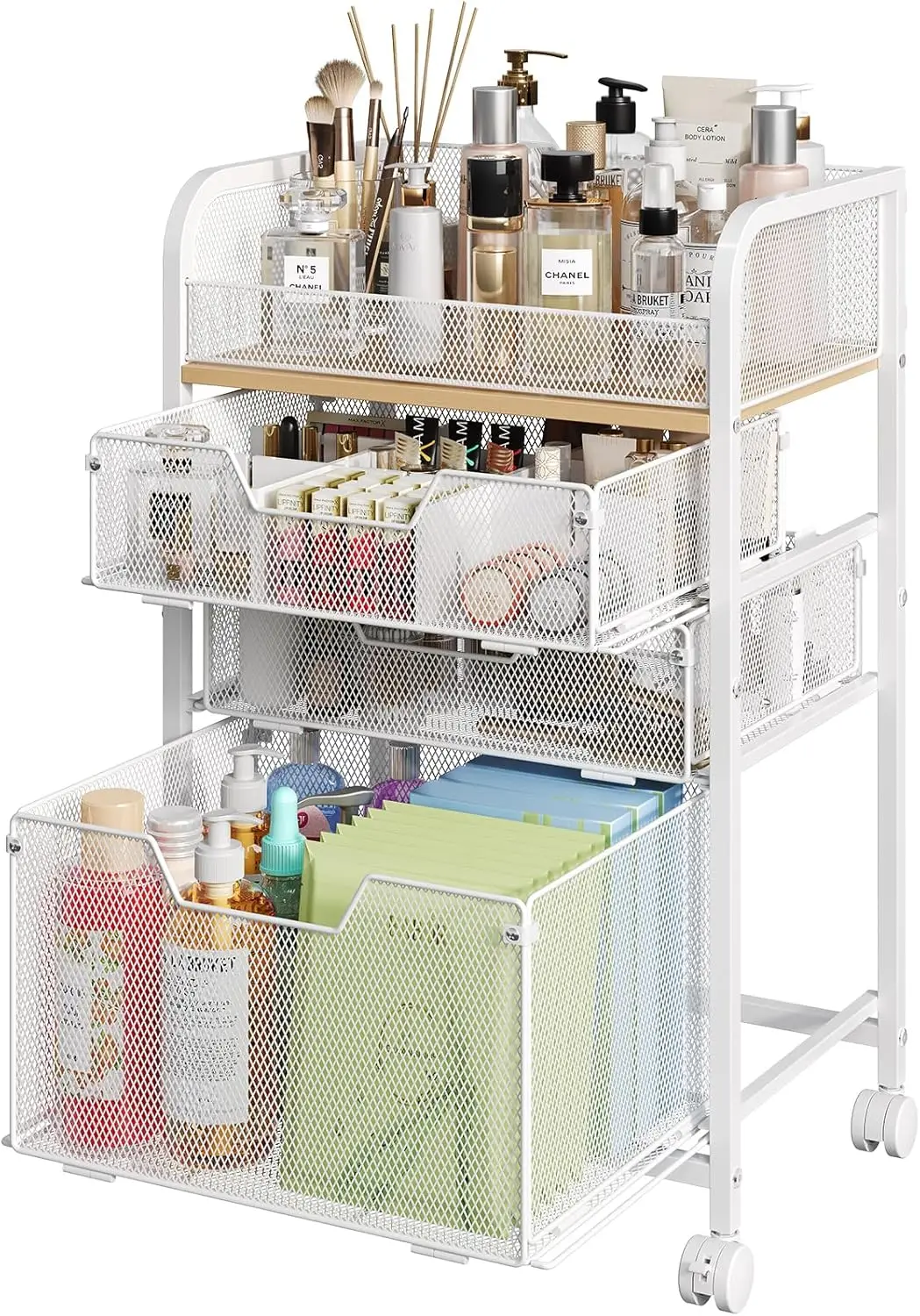 

3-Drawer Rolling Makeup Cart with Wheels, White Skincare and Cosmetics Storage Organizer