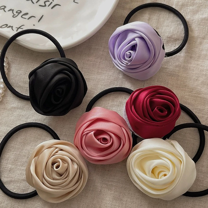 Korean Rose Elastic Hair Bands For Women Girls Accessories Tie Hair Ring Rope Headdress Scrunchies Big Flower Satin Rubber Bands