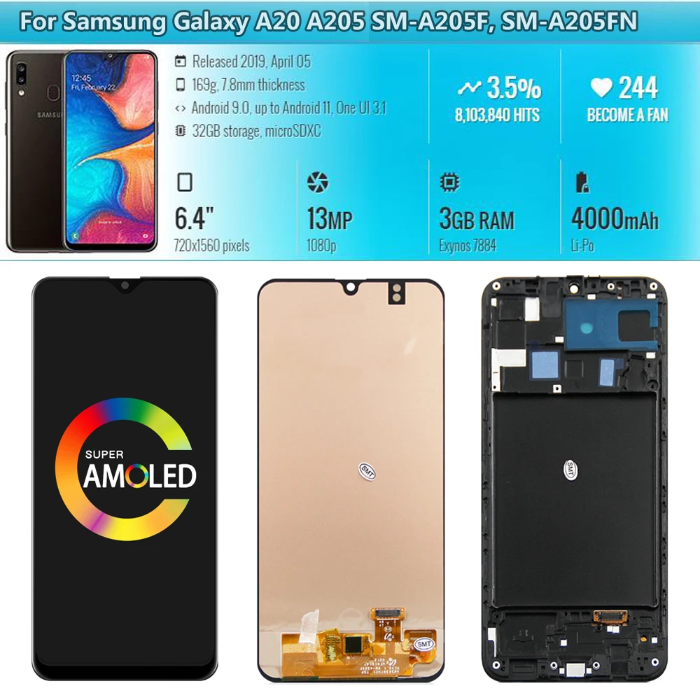 For AMOLED For Samsung A50 A505F/DS LCD A10,A20,A30,A30S Display Touch Screen Digitizer With Frame For Samsung A515 lcd