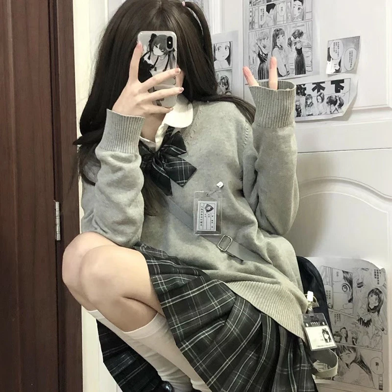 Jk Pullover Sweater Women Japan Solid V-Neck Thin Loose Pretty Style Knit Fashion Casual Lazy Sweet School Girl All Macth Jumper