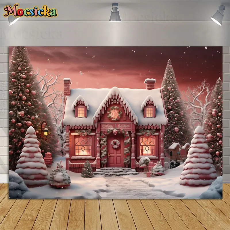 Winter Pink Candy House Backdrops Photocall Christmas Tree Snow Scene Frozen Forest Kids Portrait Photo Background Photography