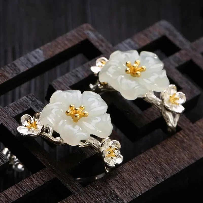 

Jade Flower Earrings for Women Vintage 925 Silver Charm Jewelry Gifts Fashion Carved Amulets Ear Studs Gemstone Natural