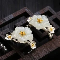 Jade Flower Earrings for Women Vintage Lucky Charm Jewelry Gifts Fashion Carved Amulets Ear Studs Gemstone Natural